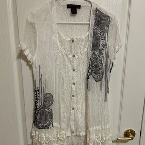 LIKE NEW! Women's Elena Wang Sheer Boho Lace White Layered Tunic - MEDIUM